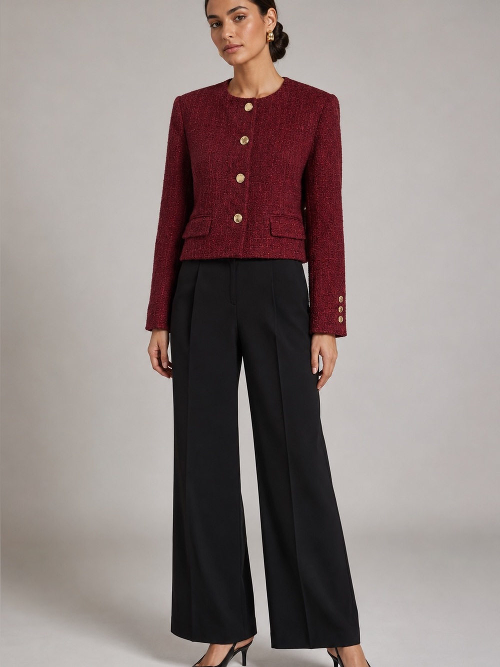NWT Preston & York Burgundy Bouclé Cropped Jacket Gold Buttons Size 12